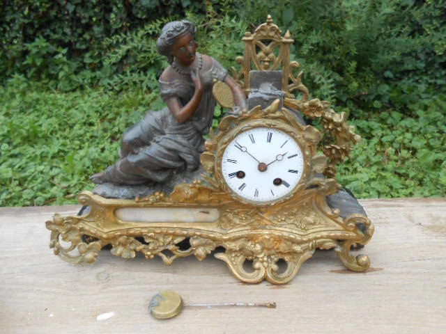 ANCIENNE HORLOGE PENDULE Art Deco Sculpture Femme Regule Marbre No