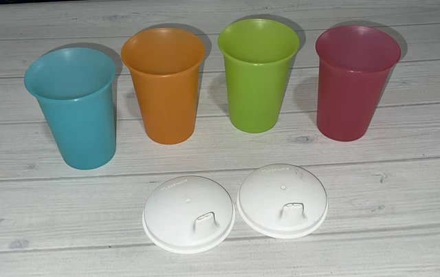 Tupperware Kids Bell Shaped Tumblers Set 4 Cups & 2 Sippy Lids