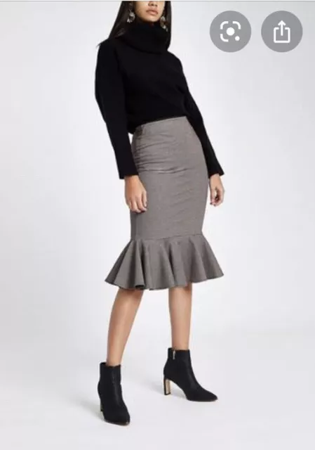 River Island Brown Ponte Check Frill Hem Pencil Skirt UK Size 8! BNWOT RRP £28