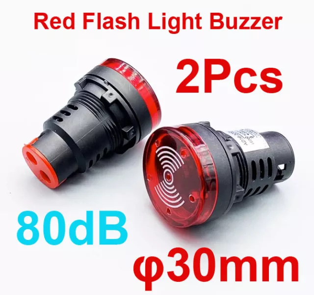 2x Red Buzzer Flash Light Active Beep Indicator φ30mm DC12V 24V AC110V 220V 380V