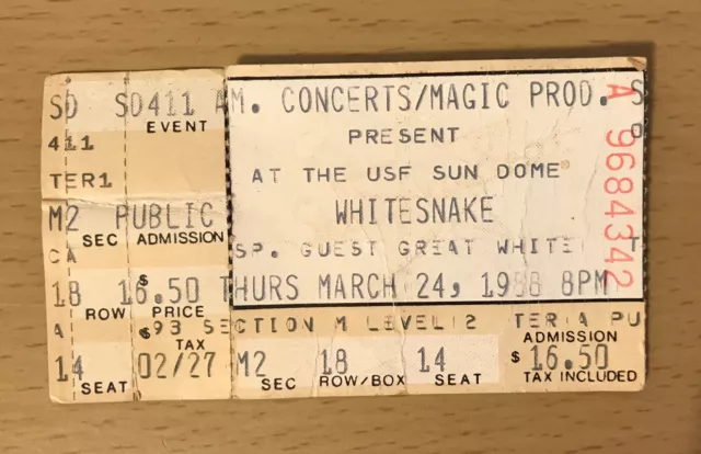 1988 Whitesnake / Great White Usf Sun Dome Tampa Concert Ticket Stub