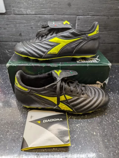 DIADORA BRASIL BLACK Yellow Leather Firm Ground FG Football Boots 28.16 PicClick UK
