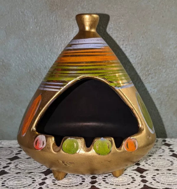 VTG MCM Signed SASCHA BRASTOFF Teepee Chimney Ashtray Gold Striped Candles/Smoke