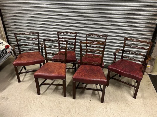 A Set of Six Antique Chippendale Style Mahogany & Leather Dining Chairs