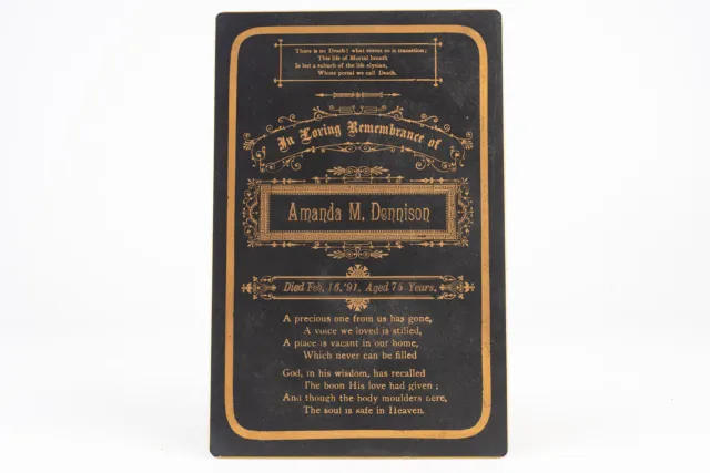 Died 1891 Amanda Dennison Victorian Death Mourning Funeral Card Black Gold V26