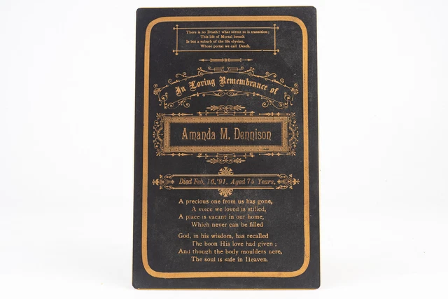 Died 1891 Amanda Dennison Victorian Death Mourning Funeral Card Black Gold V26