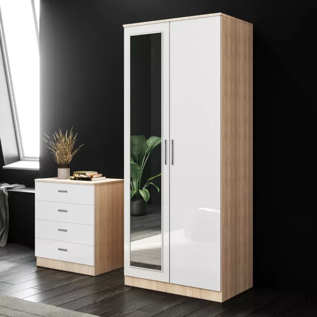 White 2 Door Wardrobe With Mirror Oak High Gloss Bedroom Furniture Storage