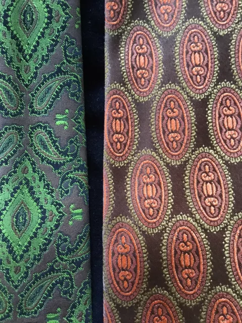 1970’s Retro Mens Ties 2 X Brown & Green Polyester Fab Design !