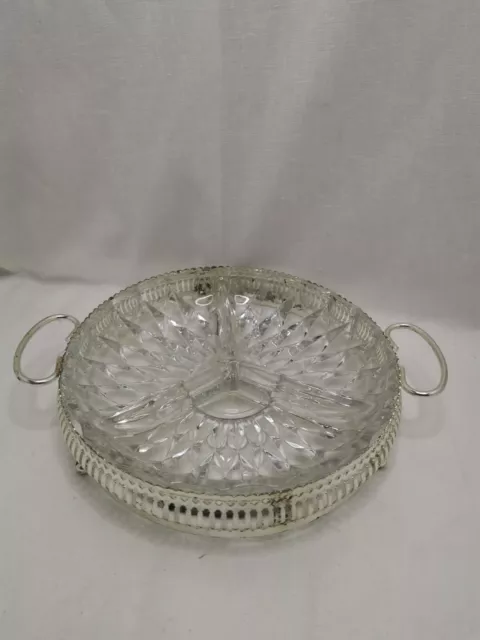 Lovely Vintage Silver Plated 3 Section Clear Cut Glass Serving Platter Dish✨✨✨