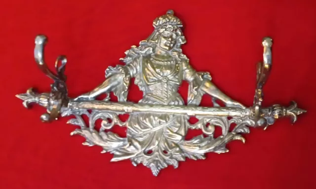 Vintage Maiden Lady 20th Century FrenchStyle Solid Brass Wall Hook Coat Hat Rack