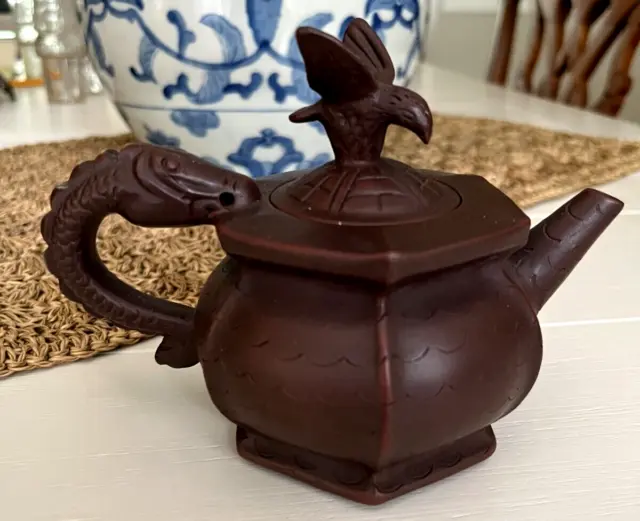 Purple Clay Yixing Zisha Signed Teapot Serpent/Fish Bird Jiangsu Province China