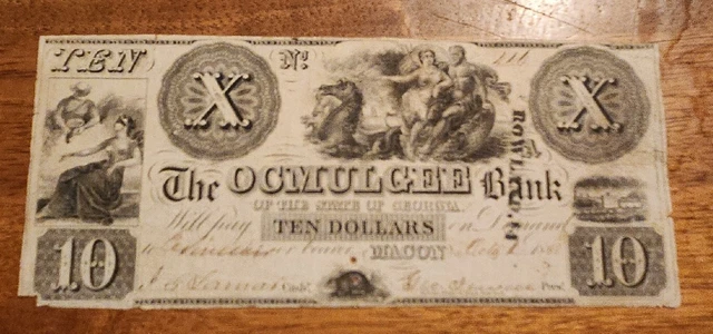 Macon Georgia 1838 $10 Ocmulgee Bank Obsolete Banknote