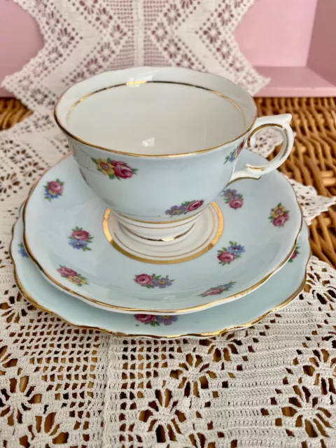 Early Colclough Duck Egg Blue Ditsy Floral  Bone China Tea Cup Trio