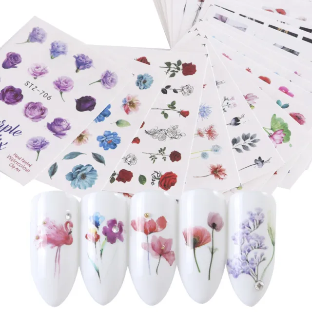 24 feuilles autocollants nail art aquarelle transfert d'eau autocollants fleurs conseils à faire soi-même