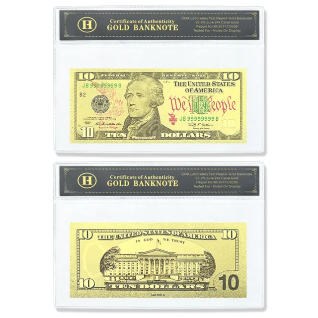 Us 10 Dollars Gold Foil Banknotes Reserve Art Plastic Money with Plastic Card