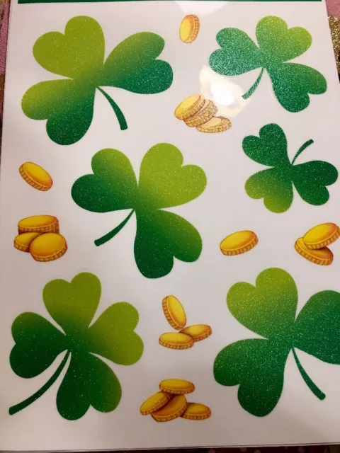 Saint Patricks Day Three Leaf Clovers Gold Coins Window Clings Shamrock Irish