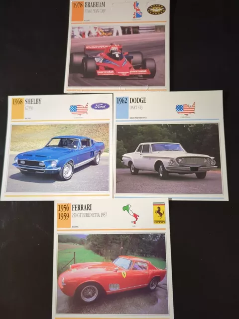 13 Atlas Race Car Cards Photo Spec Sheet 77 Brabham 62 Dodge 68 Shelby Ferrari