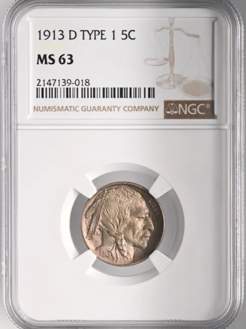 1913-D 5C Buffalo Nickel (T1) Type 1  Ngc Ms63  #2147139-018 Mint State!