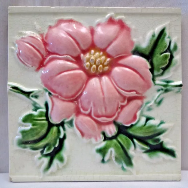 Majolica Tile Vintage Art Nouveau Ceramic Glazed Saji Japan Embossed Rose #464