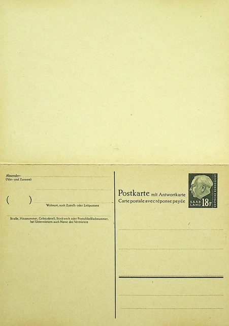 Deutschland Saarland President Heuss 18f Fein Unbenutzt Postal Karte Mit Antwort