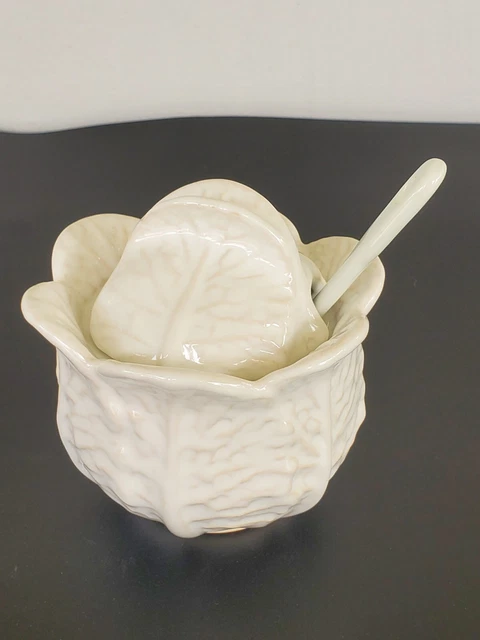 Vtg Portugal Majolica Pottery White Cabbage Sugar Bowl w/ Lid and Spoon