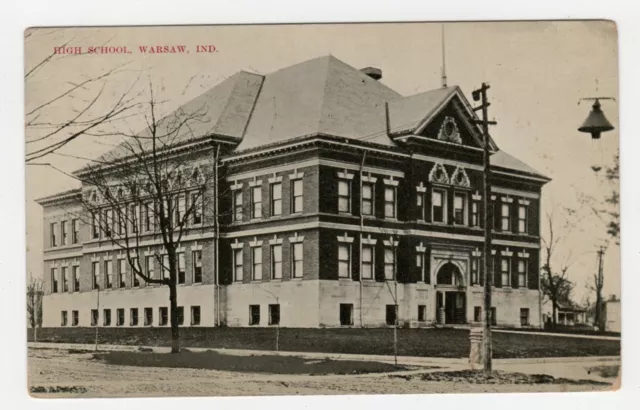 1900s Vintage Lithograph BW Postcard High School Warsaw Indiana Posted Ben Stamp
