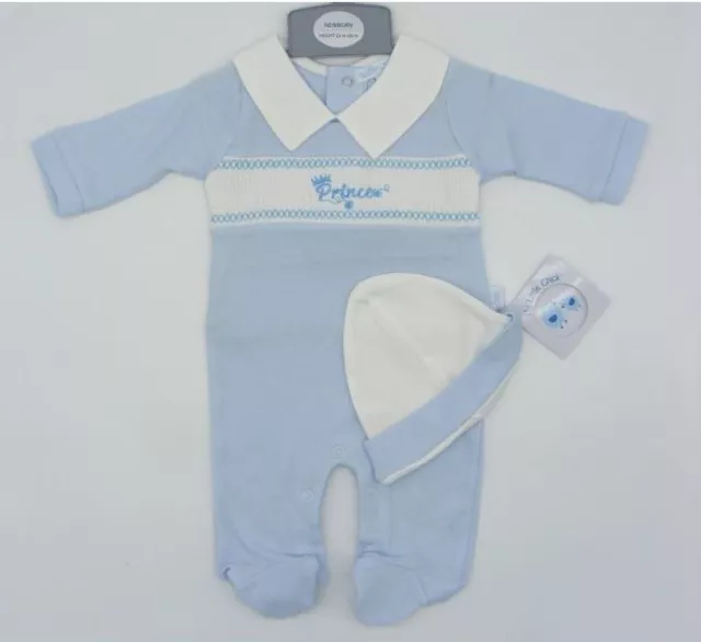 Baby Boys Spanish Style Smocked Prince Blue All in One Romper & Hat Outfit 3-6M