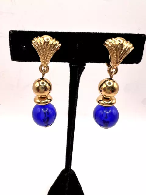 Lovely Vintage 1960s Unsigned AVON Blue Glass Gold Tone Dangle Clip Earrings