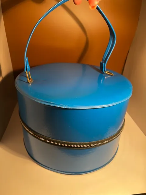 Vintage MCM Hat Wig Box Prop Blue Storage Case 60s 70s Round Zip Around Carry On