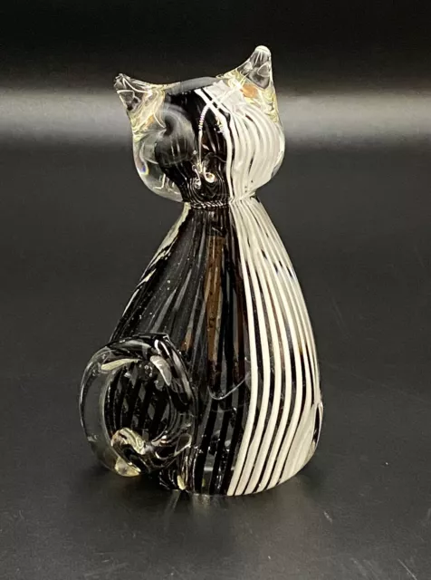 Art Glass Cat Paperweight Clear With Black White Stripes 4"