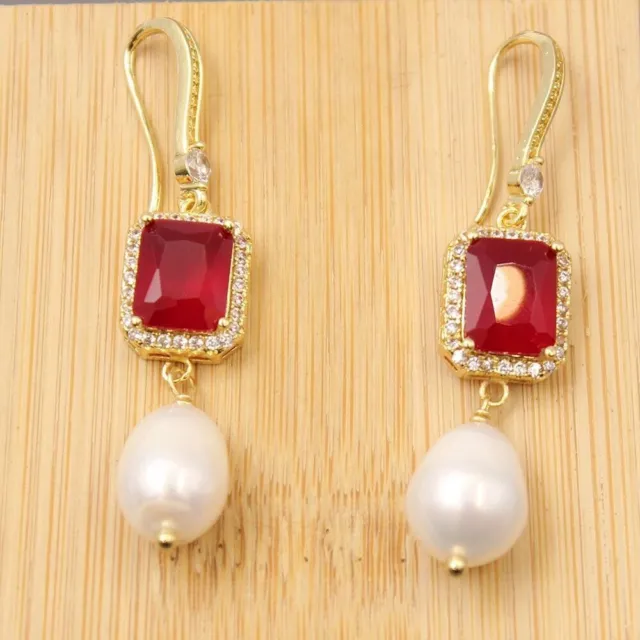 Freshwater White Rice Pearl Rectangle Red Crystal Gold Plated Cz Pave Earrings