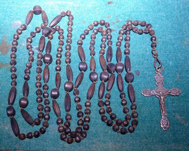 Antique 19th Cent. VERY LG WOOD BEADS ROSARY w/ LG BRASS CRUCIFIX 1094mm