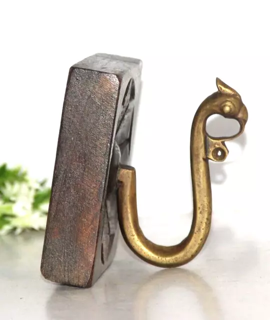 Old Wooden Beautiful Floral Engraved Brass Peacock Crafted 1Hook Coat/Key Hanger