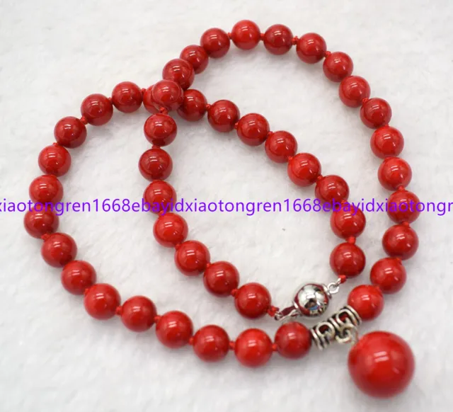 Natural 8mm South Sea Red Coral Round Gemstone Beads Pendant Necklace 18Inch AAA