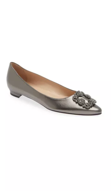 NWB Manolo Blahnik Hangisi Crystal Buckle Pointy Toe Flat 6US 36EU Grey Sliver