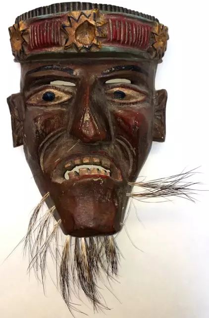 MEXICAN MICHOACAN FOLK ART Carved Wood Vtg DANCE MASK Man Bristles King? Demon?