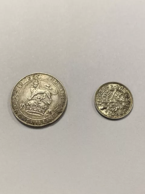 Great Britain,, 1916 Silver Shilling and 1936 3 Pence Coins