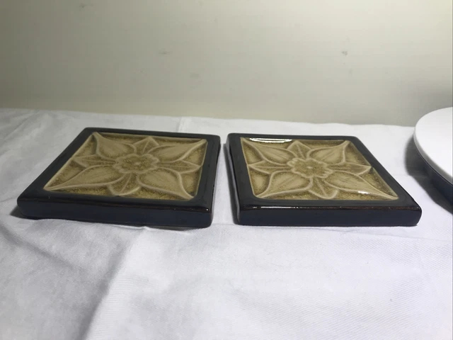 2 Antique Trenton Majolica Glazed Tile  brown 3"x7/8" 5