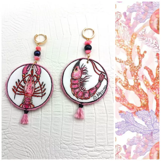 Wooden painted earrings inspired by sea animal art. Shrimp Lobster Crawfish sea