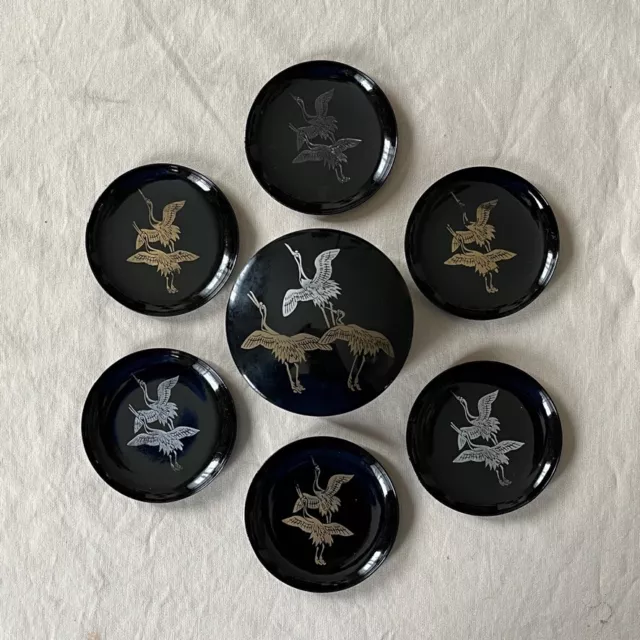 Vintage JAL Japan Air Lines Black Lacquer COASTER SET - Gold & Silver Cranes