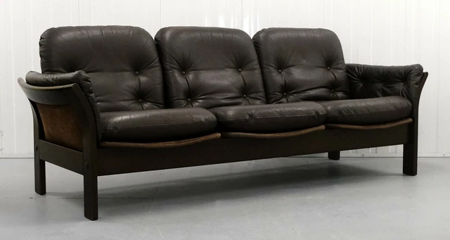 Stunning Thams Kvalitet Brown Leather & Suede Three Seater Sofa Bentwood Frame