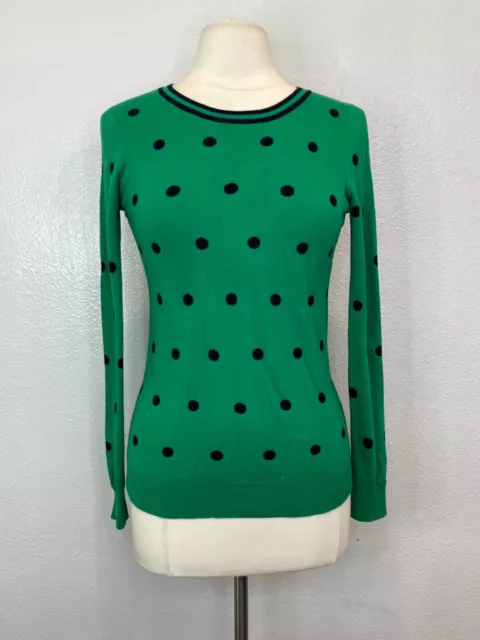 J. Crew Women’s Crew Neck Pullover Sweater Green with Black Polka Dot XS