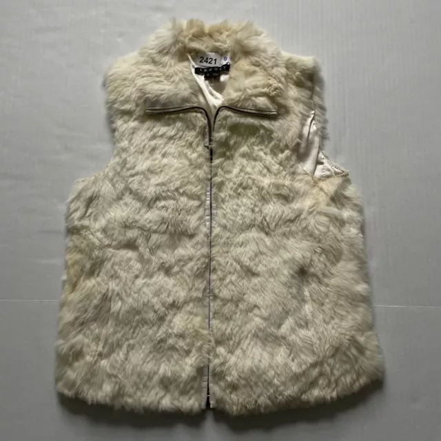 Theory Vest Womens S Cream Rabbit Fur Full Zip Sleeveless Collared Pockets