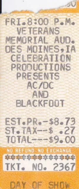 AC/DC Blackfoot Concert Ticket Stub - Jul 8, 1979 - Omaha, Ne