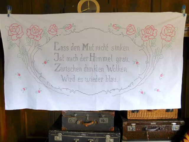 WANDBEHANG 133X72cm SPRUCH KREUZSTICH STICKEREI HANDARBEIT SHABBY CHIC ANTIK