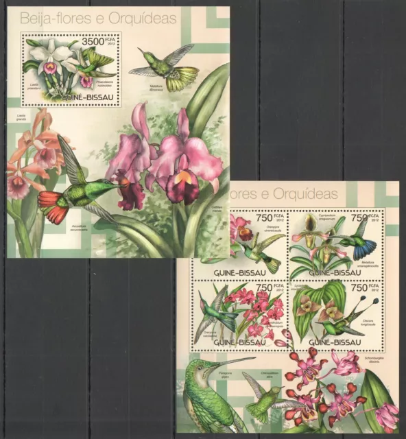 Bc459 2012 Guinea-Bissau Flora & Fauna Flowers Birds Colibris Orchids Bl+Kb Mnh