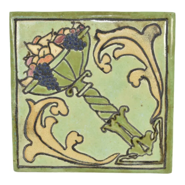 Owens Empire Vintage Art Pottery Colorful Fruit Basket Green Ceramic Tile