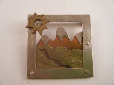 Cut Mixed Metal Cutout Brutalist Pin Brooch Mountain Snow Stream Sun