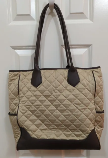 Pottery Barn Quilted Diaper Bag Beige With Brown Trim Brown Leather Strap Handle