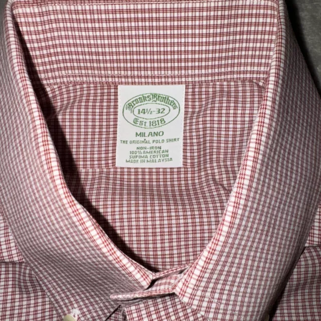 Brooks Brothers Dress Shirt Mens 14.5 32 Milano Fit Red Check Cotton